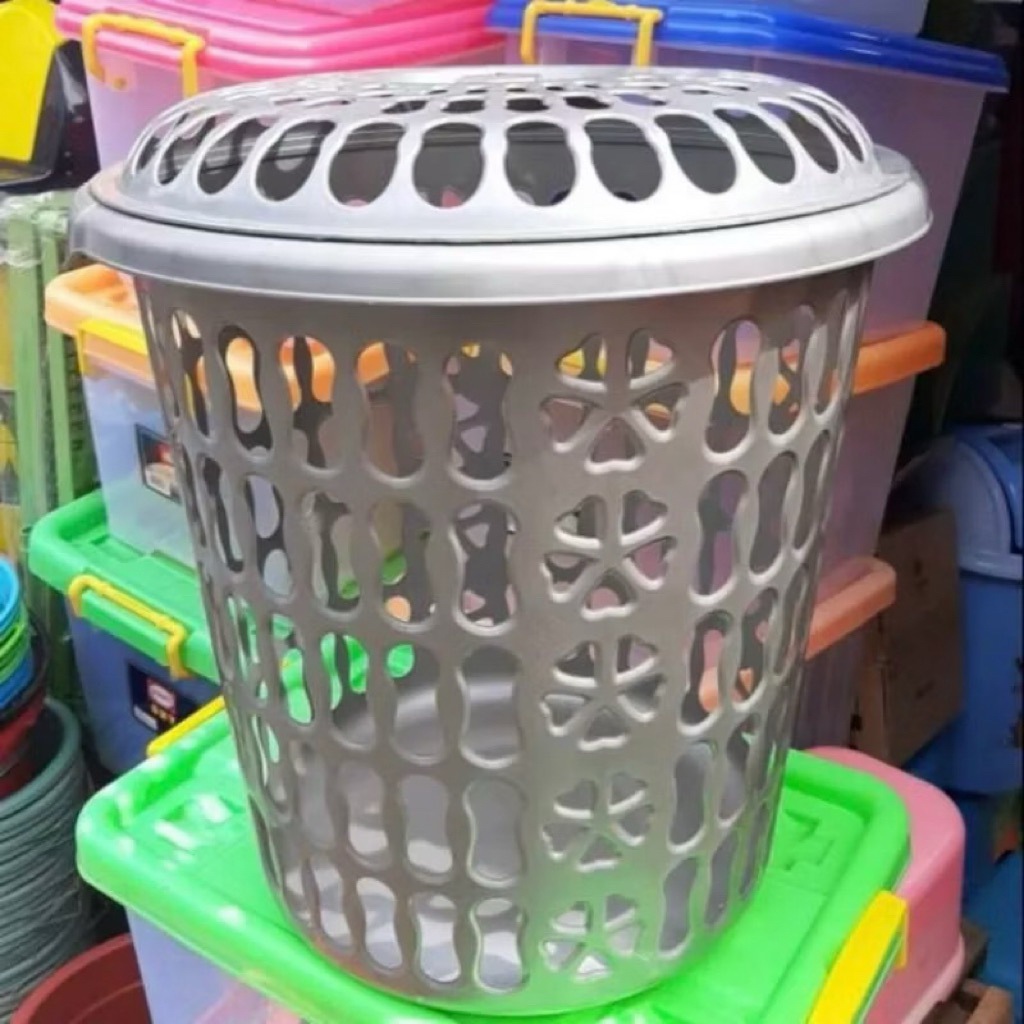 Keranjang Baju Kotor / Keranjang Plastik / Keranjang Laundry Bulat Tinggi Silver