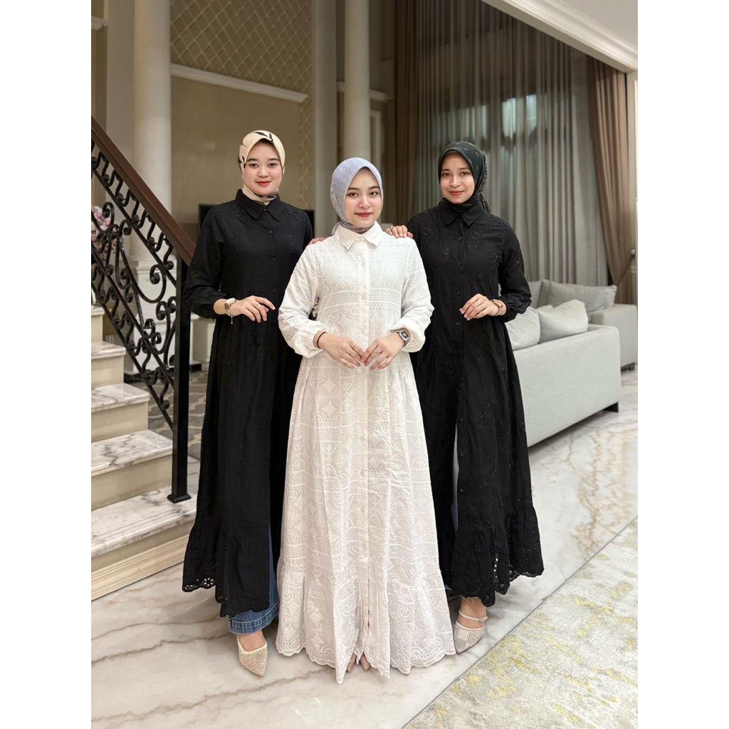 Gamis  katun bordir bolong mix furing full katun ero Model rumple bawah Kancing depan full  tangan a