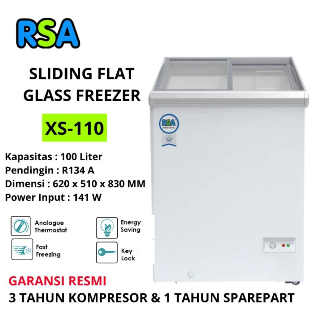 RSA CHEST FREEZER BOX  XS-110 SLIDING FLAT GLASS FREEZER 100 LITER