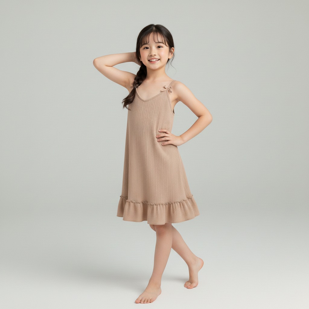 DRESS MODEL TALI KECIL RUFFLE BAHAN HYGT POLOS PAKAIAN ANAK PEREMPUAN HOMEWEAR KEKINIAN