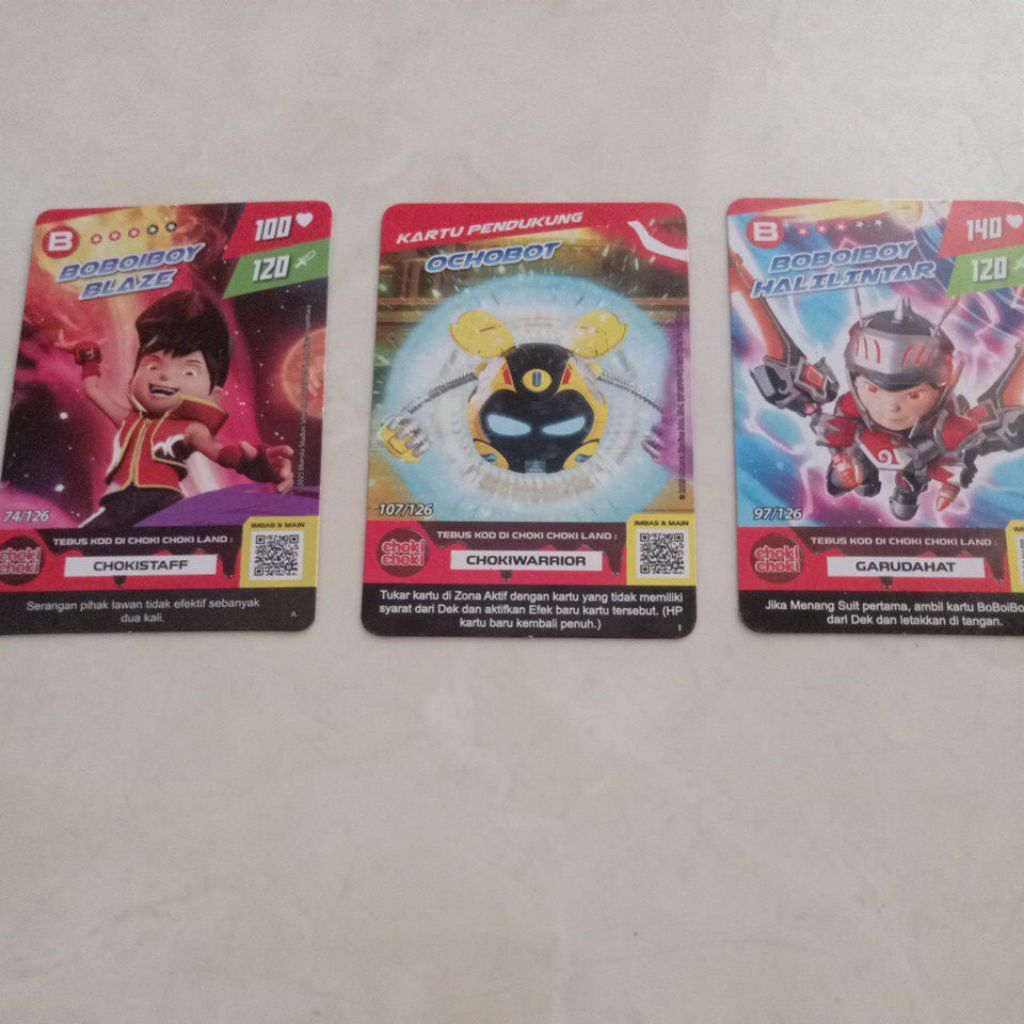 kartu boboiboy blaze, ochobot, dan boboiboy halilintar