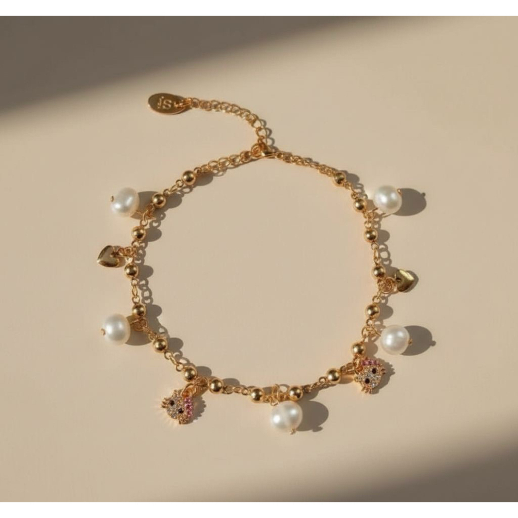 Aksesoris Perhiasan Gelang Rantai Hellokitty Rhodium Lapis emas 18krt Mutiara Air Tawar Asli Lombok 
