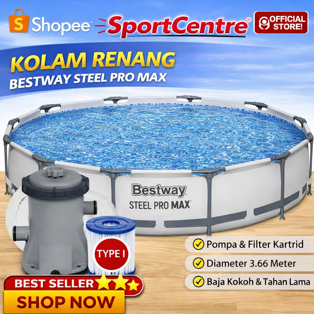 Kolam Bulat BESTWAY 56416 STELL PRO FRAME POOL + FILTER 366x76cm
