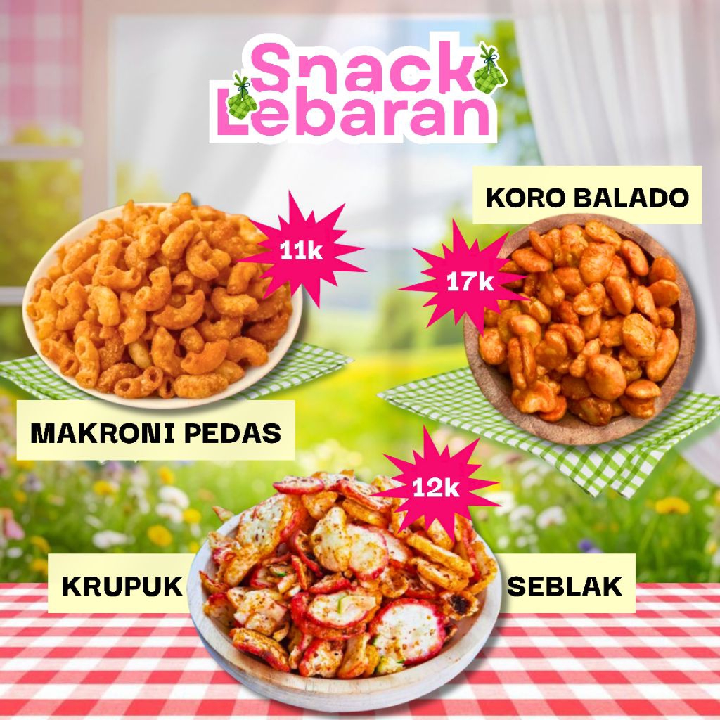 jajan lebaran gurih pedas | makroni pedas, kerupuk seblak, dan koro balado