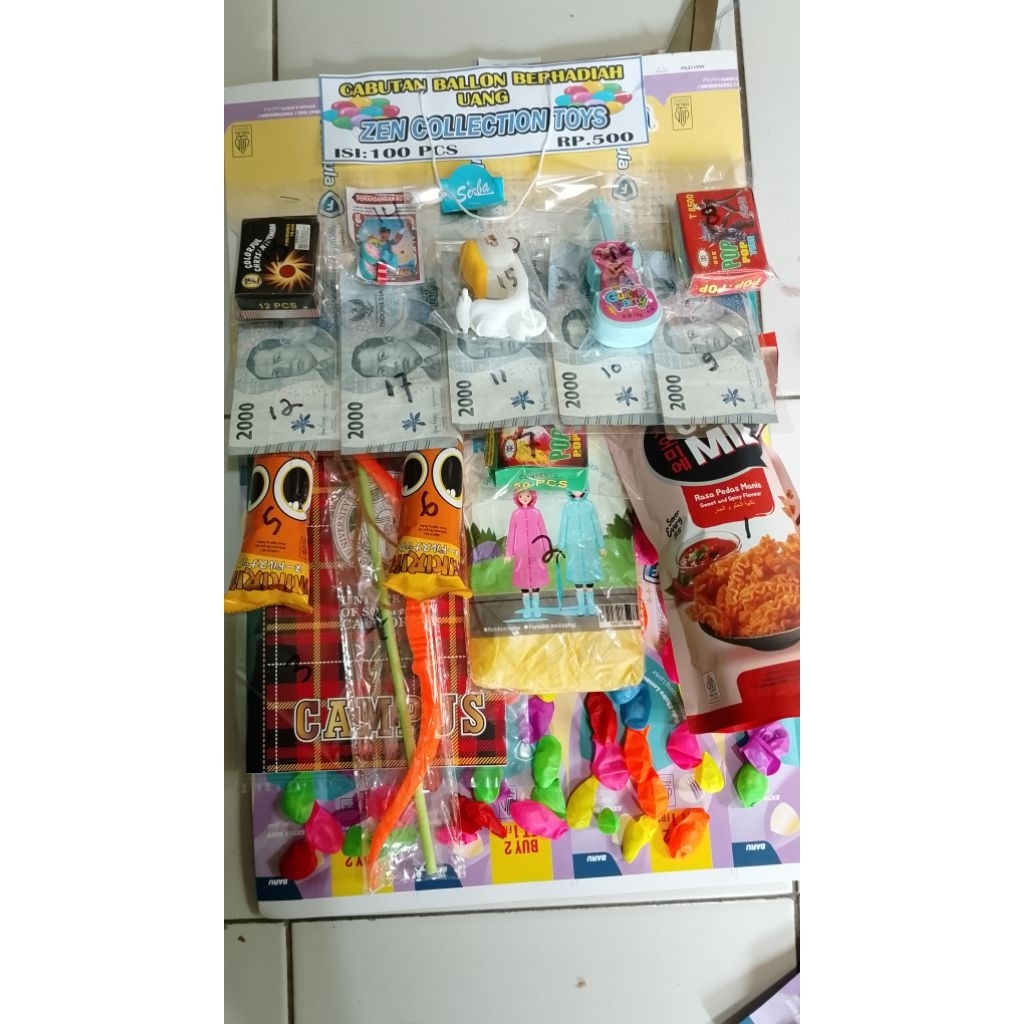 ballon berhadiah uang dan aneka jajanan isi 100 pcs hadiah 17 item