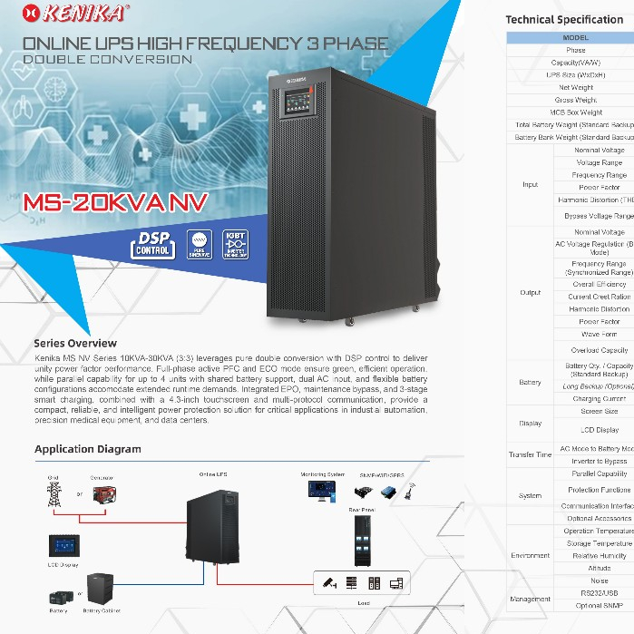 KENIKA UPS 20KVA/20KW 3PASHE MS-20, Online HF UPS + 32pcs Batt 12V/18Ah + Batt Box