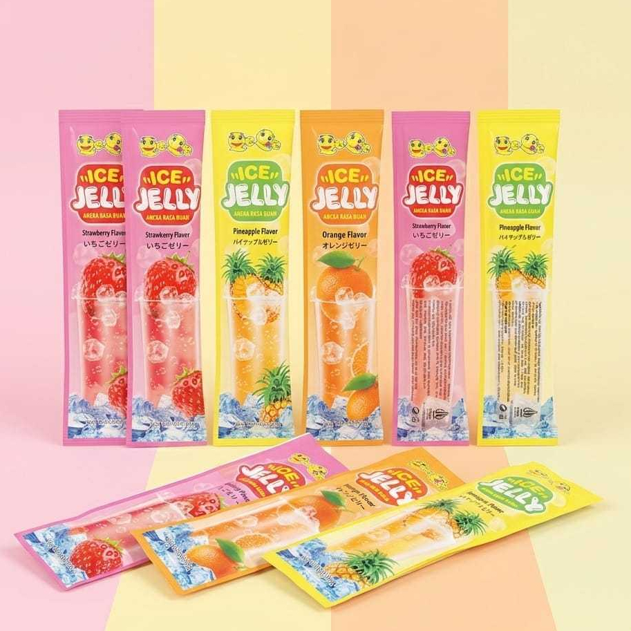 QeQe Ice Jelly Pouch Snack Rasa Stroberi, Nanas, Jeruk, Kemasan Praktis Warna Cerah