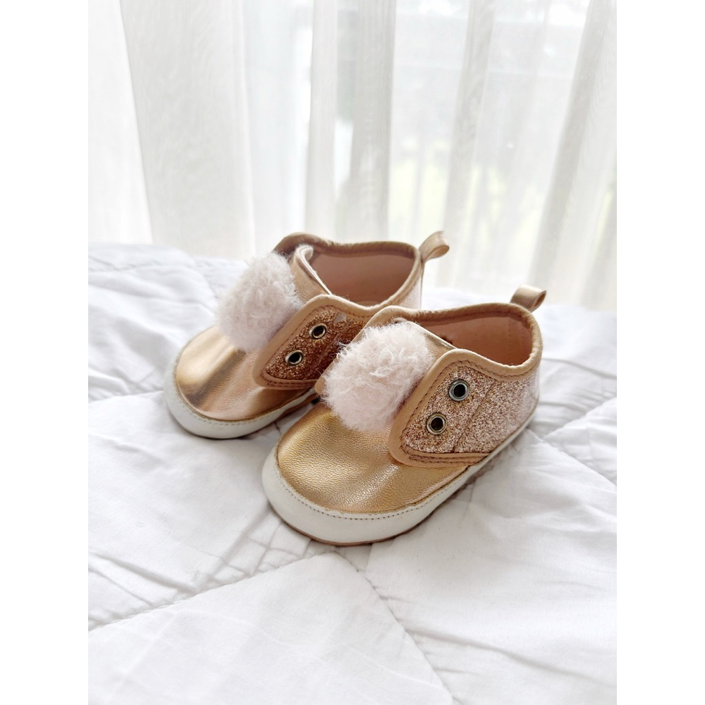 Mothercare Sparkly Rose Gold Pom Pram Trainers (Preloved) - Baby Shoes size 18 - Original