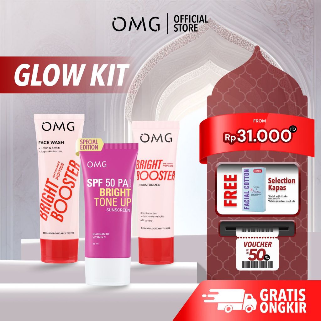 [BEST SELLER BUNDLE] OMG Bright Booster Glow Kit - Paket Tone Up (Facewash, Moisturizer, Sunscreen) 