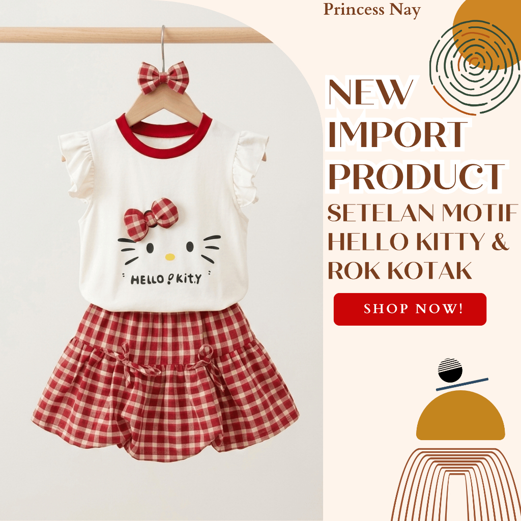 [1-5 Tahun] Setelan Import Anak Perempuan Hello Kitty Motif Kotak | Baju Anak Lucu Bahan Nyaman Adem
