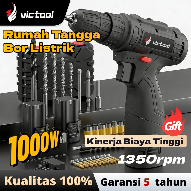 Victool Mesin Bor Baterai 1350RPM Bor Impact Listrik Mini Untuk Penggunaan Rumah Tangga Obeng Listri