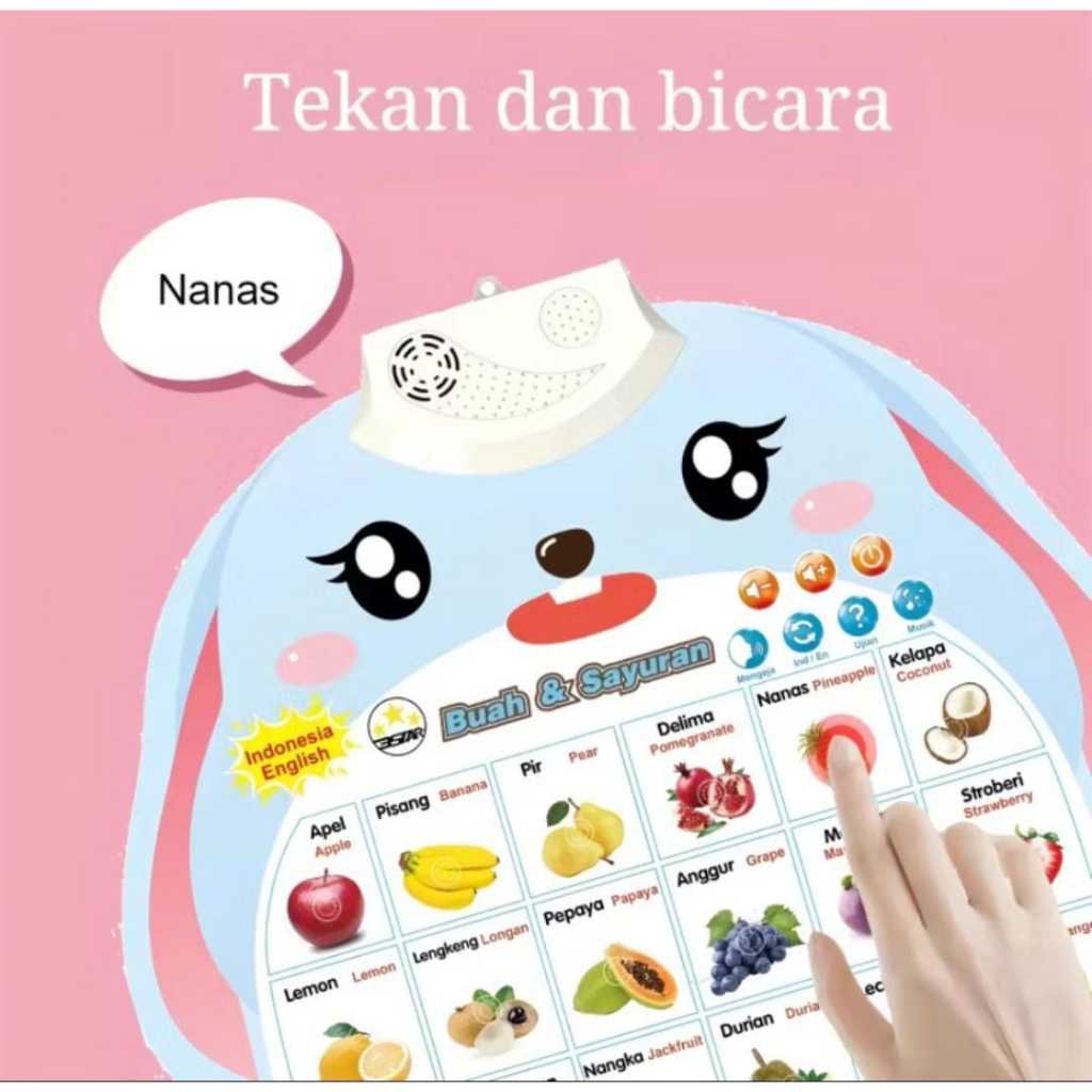 Poster Tekan Pencet Edukasi Suara Bahasa Indonesia / Poster Inggris Buah Angka Hewan Cocok Untuk Ana