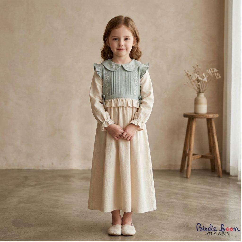 Birdie Boom - Kids Muslim Dress Sage Cream/ Gamis Anak warna Sage Cream