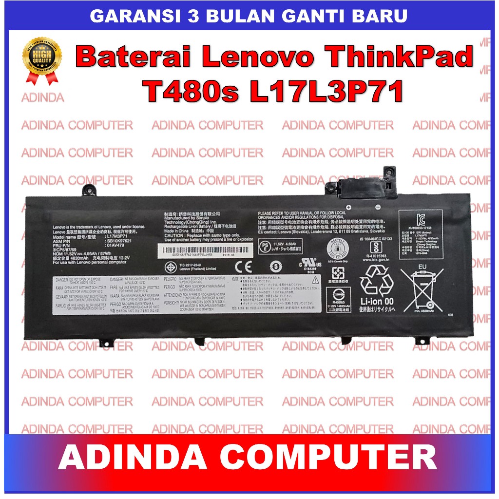 Baterai Lenovo Thinkpad T480S 01AV478 01AV479 01AV480 L17L3P71 L17S3P71 SB10K97620