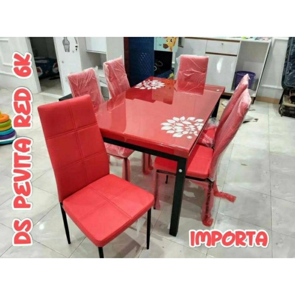 READY MEJA MAKAN PEVITA MERAH 6 KURSI | FREE ONGKIR BANDAR LAMPUNG
