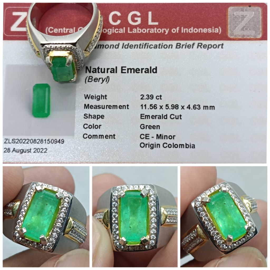 Natural Emerald beryl Columbia 2,39ct memo CGL zamrud Colombia Kristal Ring Perak 975