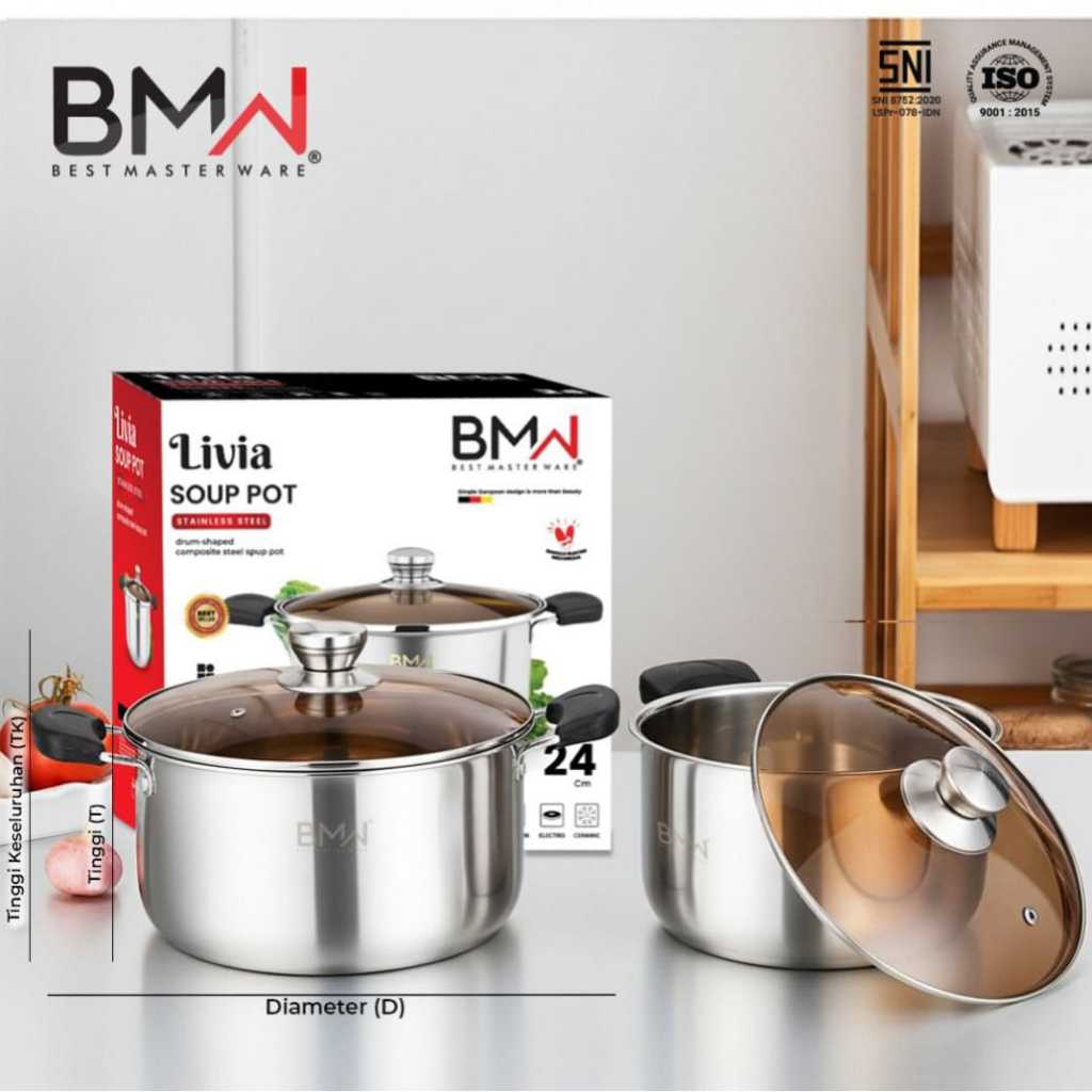 Panci Sup Stainless Steel Tutup Kaca dengan Gagang Elegan Soup Pot