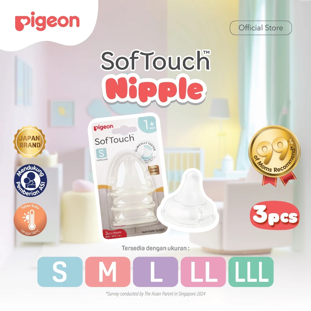 PIGEON SofTouch Nipple Wide Neck - 3pcs Blister Original Asli | Pilih Size | Dot Seperti Payudara Ib