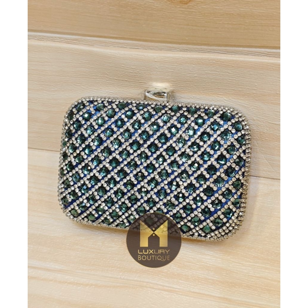 Clutch Tas Pesta Wanita Bling Rhinestone Hijau Mewah Import Evening Bag