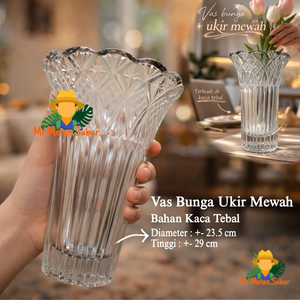 Vas Bunga Ukir Mewah Kaca Tebal | Vas Bunga Kaca Besar Elegan Dekorasi Rumah
