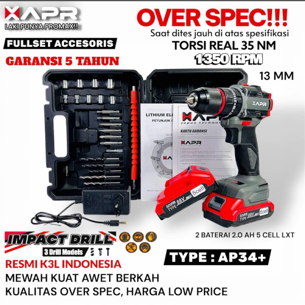 MESIN BOR BATERAI APR AP34+ 13MM 3MODE CORDLESS DRILL APR AP34+ 13MM TERBAIK