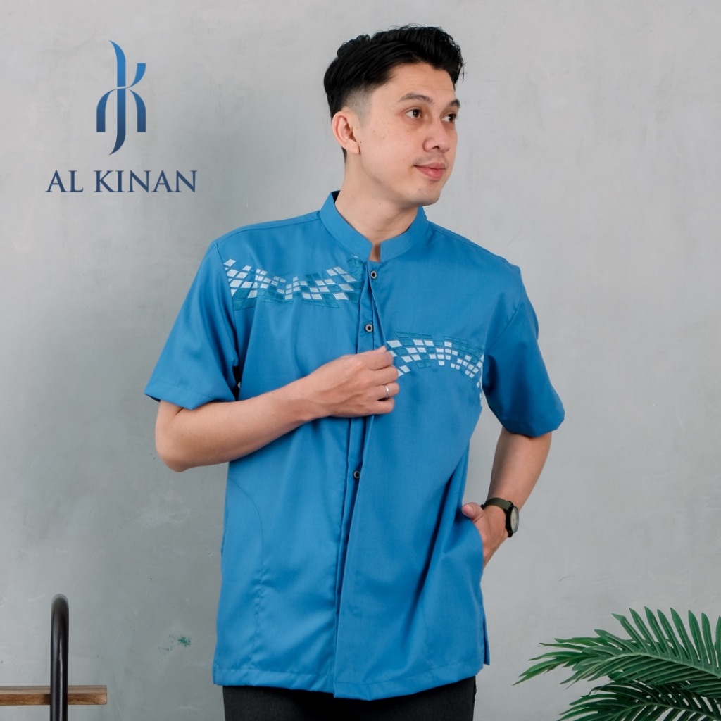 alkinan baju koko muslim pria couple anak ayah katun toyobo tangan pendek warna biru ak070