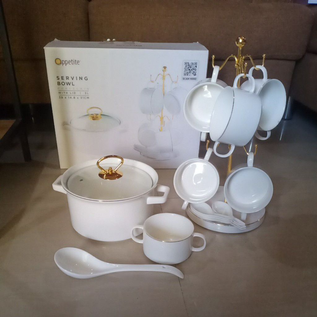 set tempat saji informa/serving bowl set solin wht gold rim informa gratis paking kayu