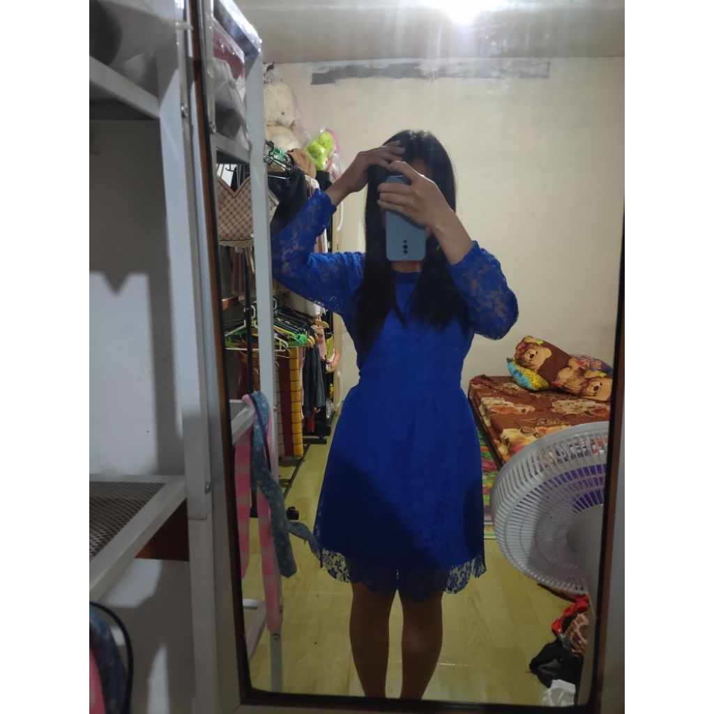 Preloved Dress Brokat/Dress Brokat Warna Biru