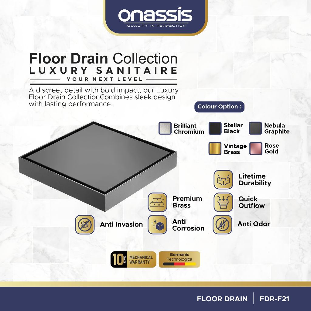 Onassis Floor Drain FDR-F21 Luxury Sanitaire - Premium Brass & Anti Odor | Saringan Kamar Mandi