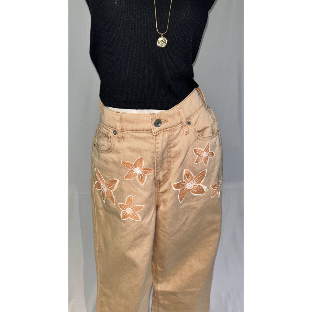 Hand-painted Daylily on Denim Jeans | Celana Panjang Jeans Cream | Reworked Denim Jeans | Reworked P