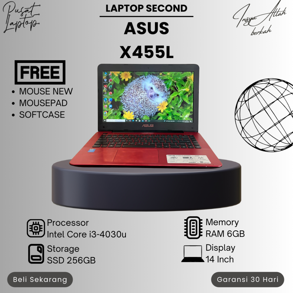 LAPTOP ASUS X455 SECOND | INTEL CORE I3 GEN 4 | RAM 6GB | SSD 256GB | NORMAL | BERGARANSI