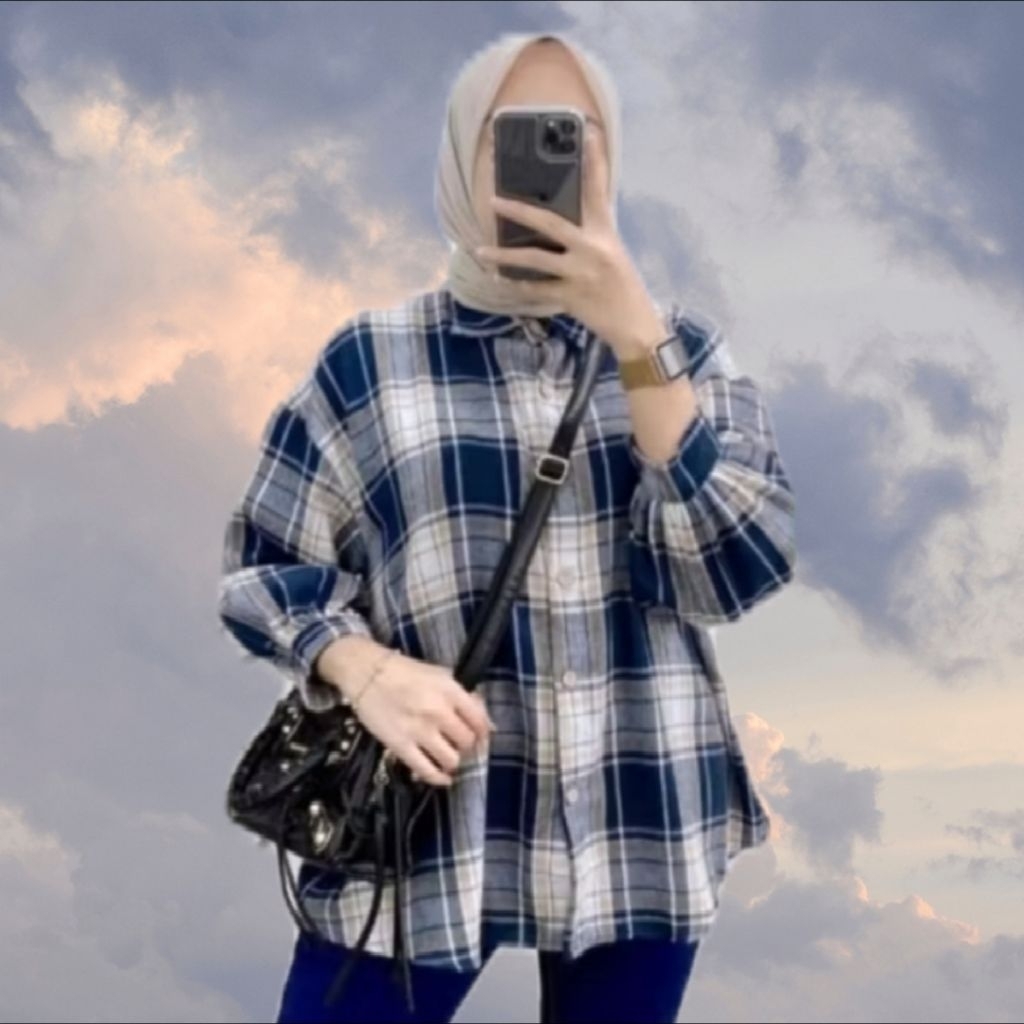 Kemeja flanel Jevanni kotak kotak wanita lengan babydoll