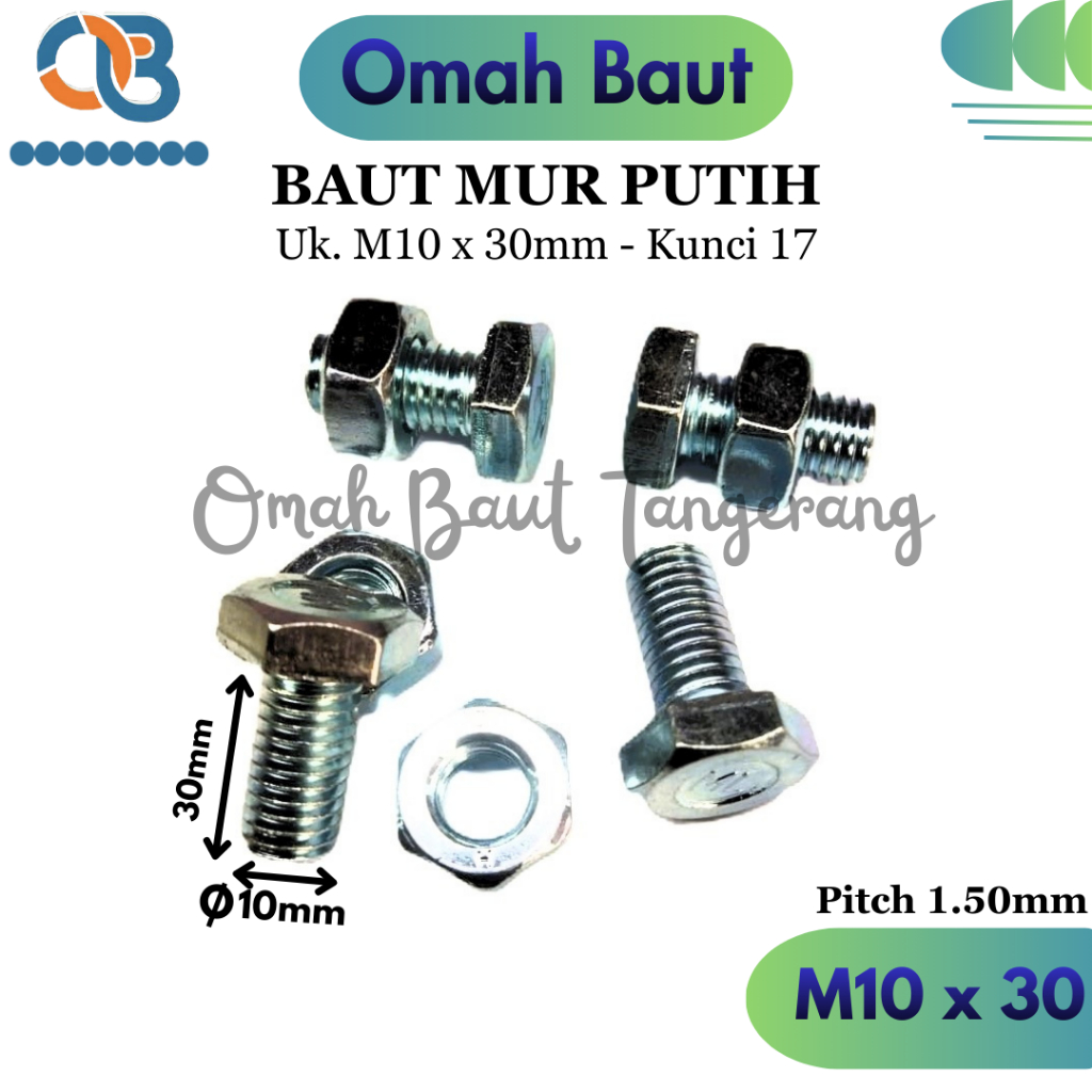 M10 X 30 BAUT MUR PUTIH M10x30 BMP M10 x 30mm HEX GALVANIS Kunci 17