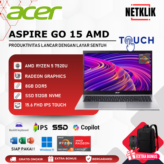 ACER ASPIRE GO 15 - AMD Ryzen 5 7520U 8GB/512GB SSD - 15.6 FHD IPS TOUCH WIN11 -Silver