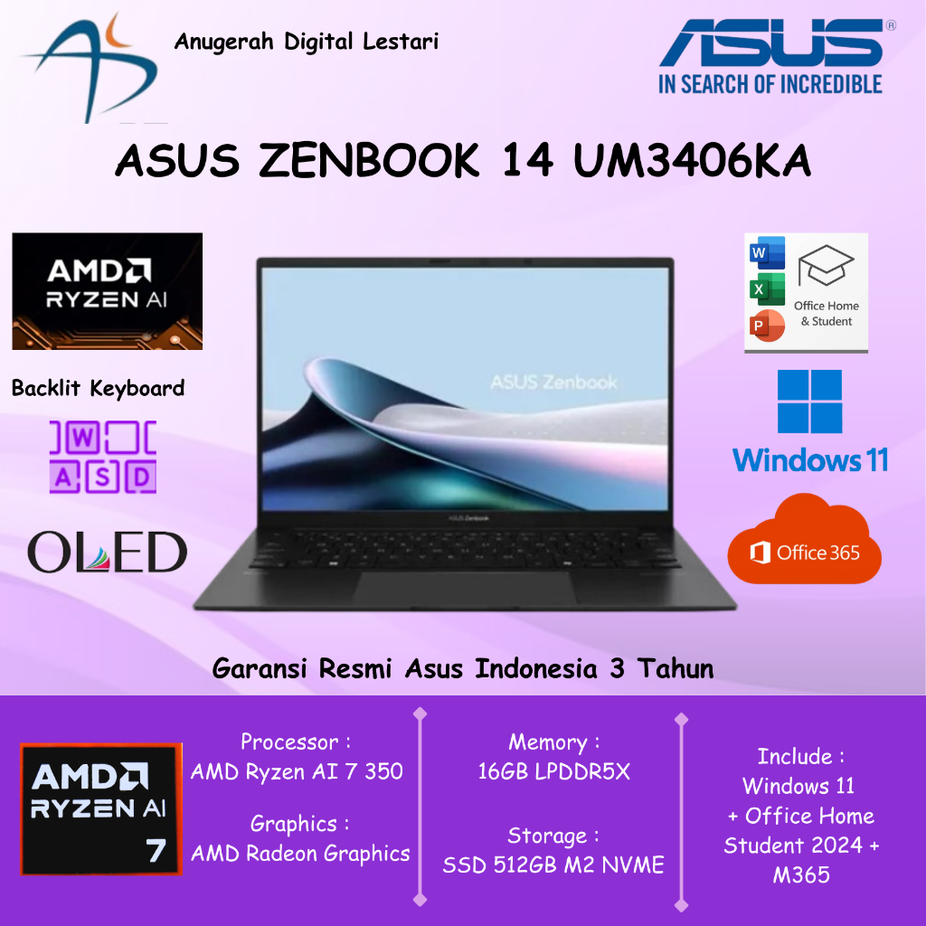 Asus Zenbook OLED 14 UM3406KA-OLED7151M Ryzen AI 7-350 16GB SSD 512GB 14"WIN 11 OHS+M365