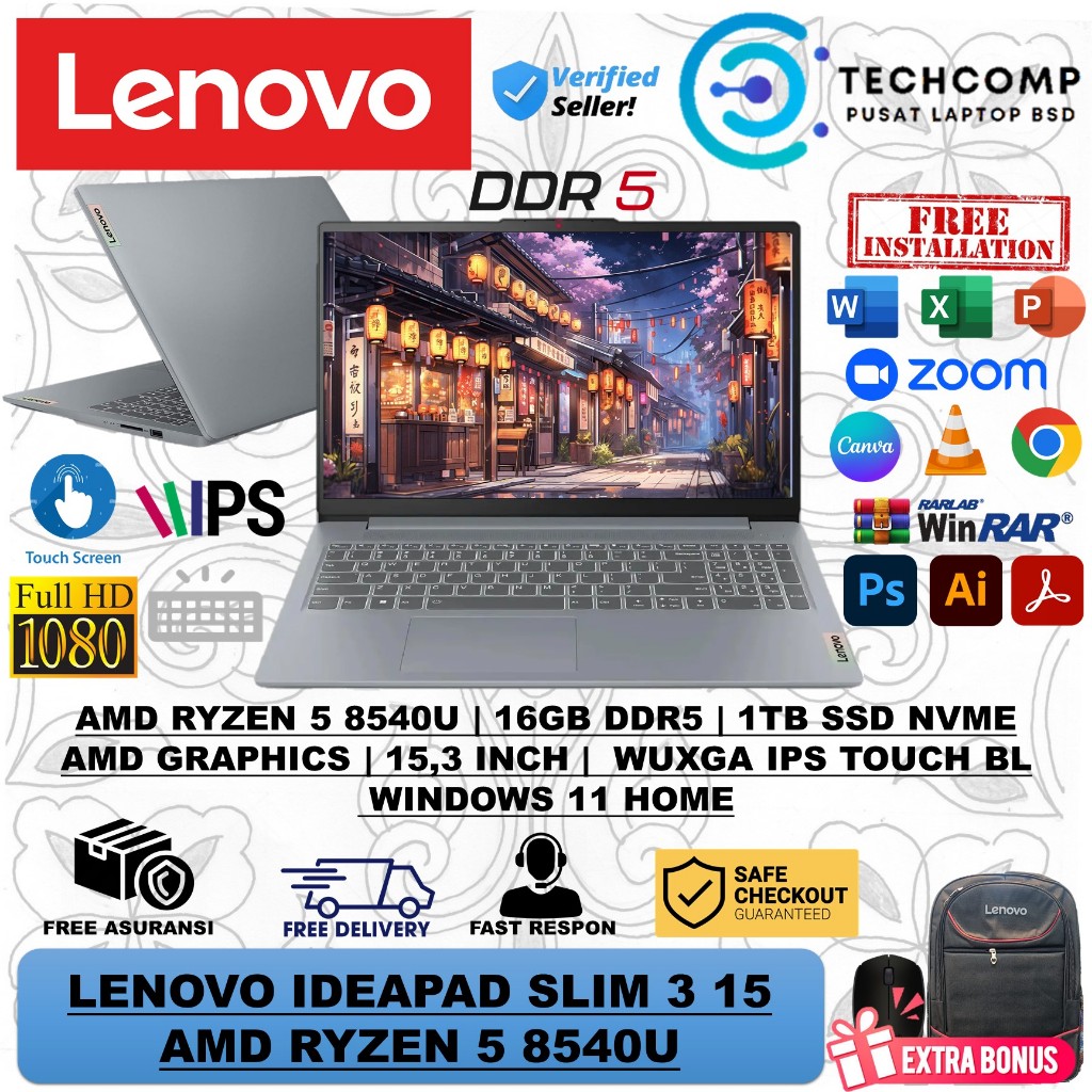 Laptop TOUCH Lenovo IDEAPAD SLIM 3i 15 AMD Ryzen 5 8540U 16GB DDR5 1TB Layar 15.3 WUXGA IPS BL  W11