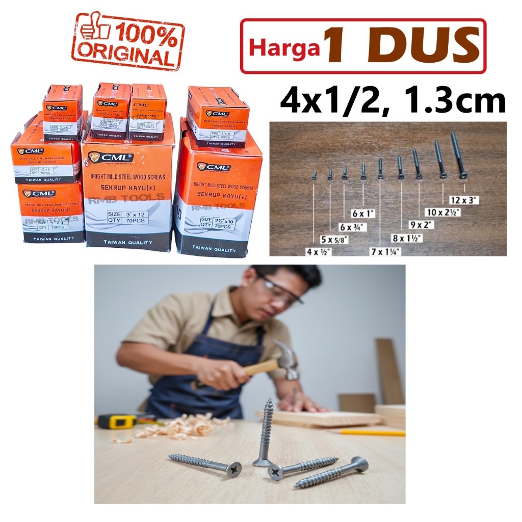 x1Box Sekrup Skrup Kayu 4 x 1/2 inch  Panjang 1.3cm CML Bright Mild Steel Wood Screws