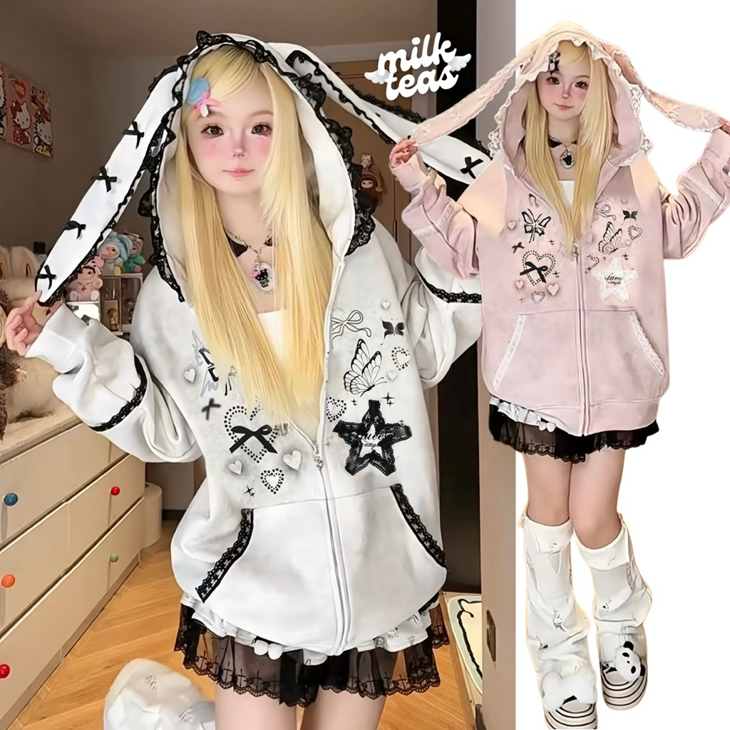 Bunny Lace Jacket | MILKTEAS | Jaket Telinga Kelinci Kawaii Harajuku Renda Putih Pink Coquette Stree