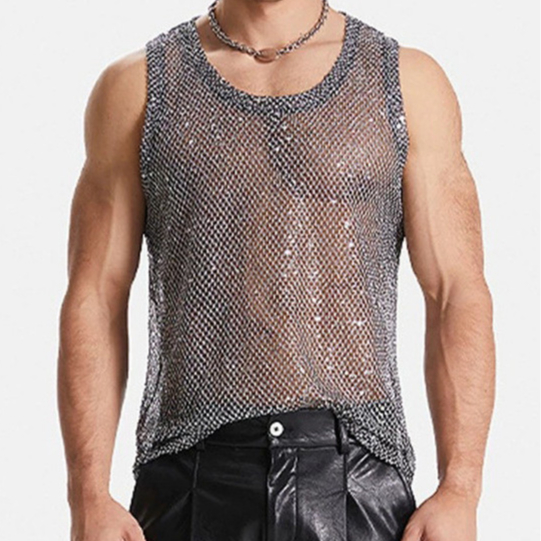 Kain jaring berongga tanpa lengan yang kuat dan tahan lama T Tank top pria transparan seksi