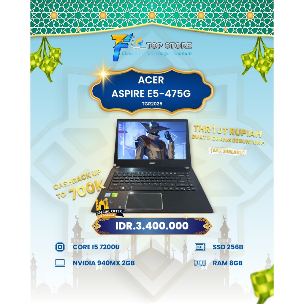 LAPTOP ACER ASPIRE E5-475G CORE I5-7200U RAM 8/256GB NVIDIA 940MX 2GB