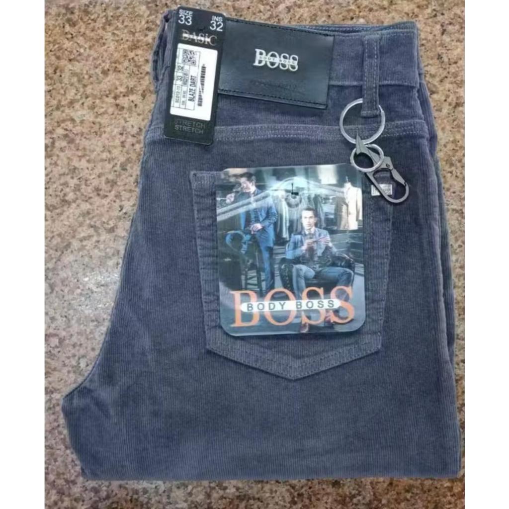 CORDUROY BODY BOSS Celana Jeans Pria Stretch Street Style Hitam Regular Fit 28-38