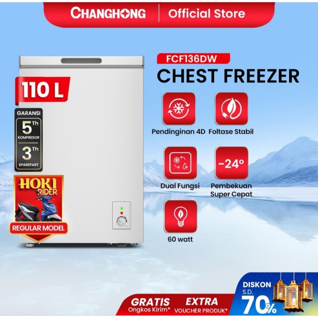 BOX FREEZER CHANGHONG 100LITER FCF136DW CHEST FREEZER CHANGHONG 100L