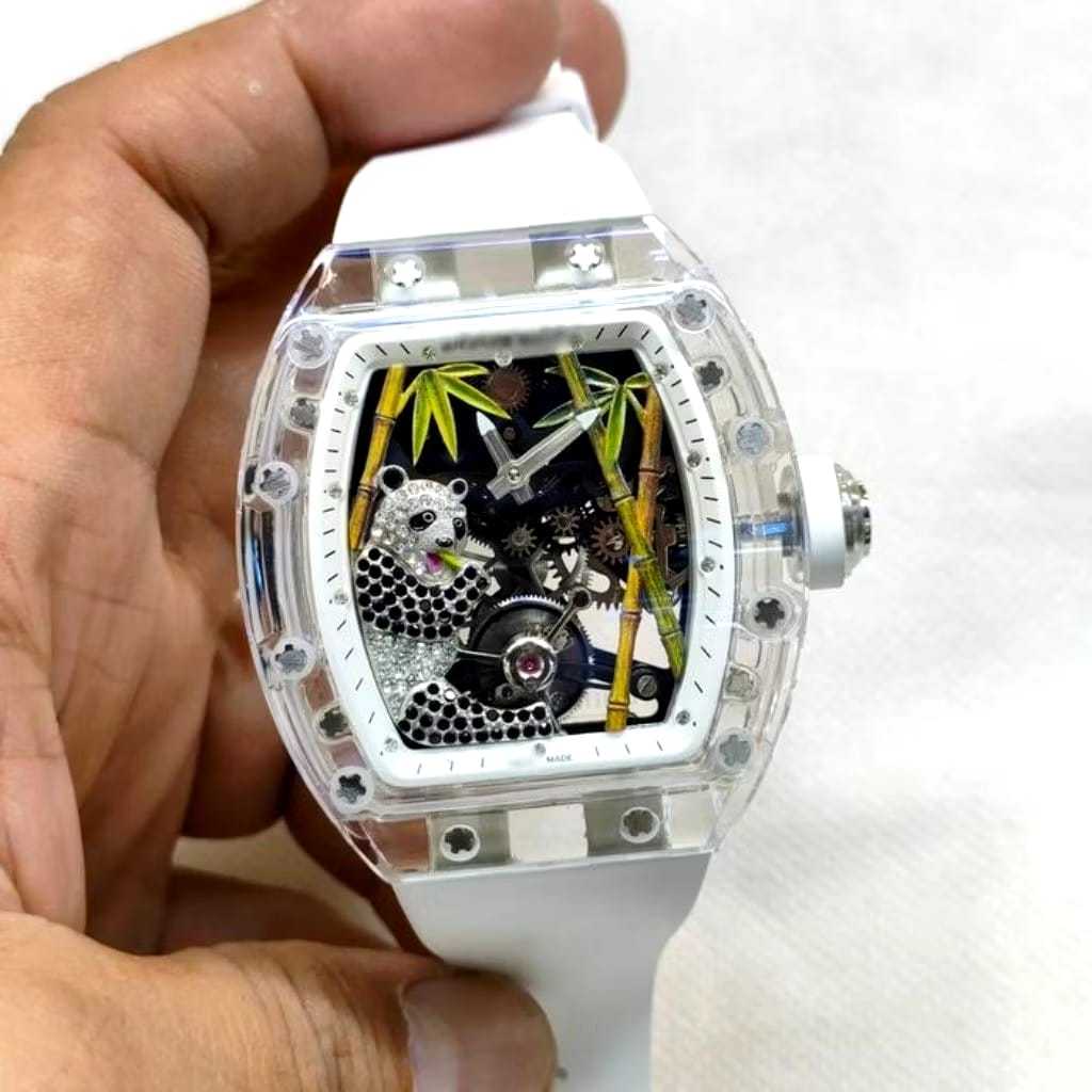 Jam Tangan Spesial RM26-01 PANDA SAPPHIRE TRANSPARANT CASE TURBILLON 44MM WHITE RUBBER STRAP LIMITED