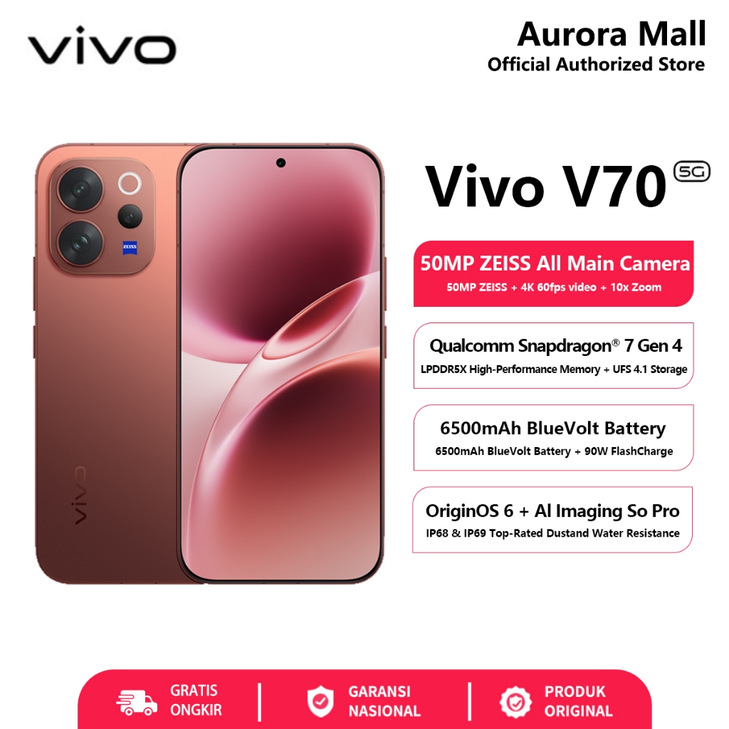 Vivo V70 5G 12/256GB NFC (12GB+12GB Extended RAM) Handphone Official Store HP Terbaru 2026 Ori COD