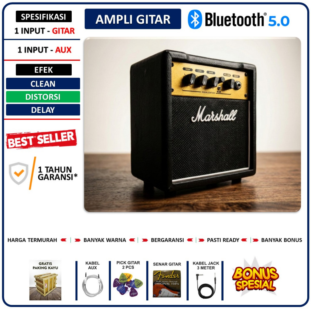 Ampli Gitar & Bass 5 Inch ada bluetooth & efek distorsi & efek delay Bonus Kabel Jack & Senar Gitar 