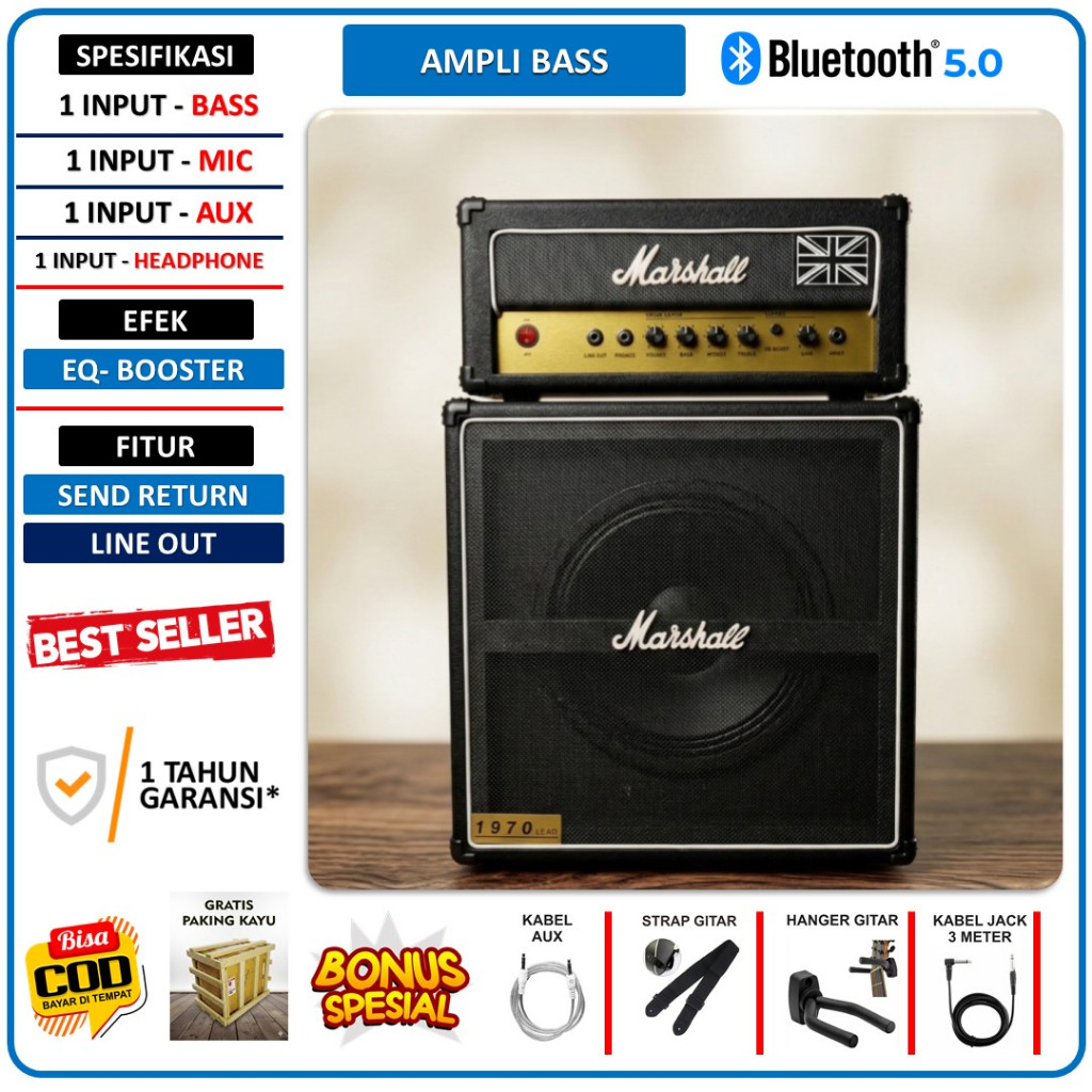 Ampli Bass & Gitar 12 Inch bisa untuk karaoke Marshall 3 Input Head Cabinet Bonus Kabel Jack 3 Meter