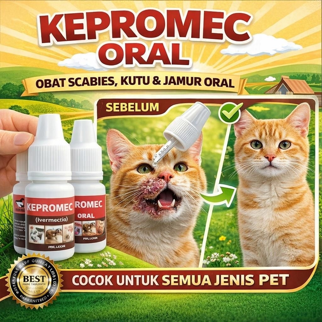 KEPROMEC ORAL 10 ML - Obat Scabies Oral Minum Gudik Jamur Scabies Sakit Kulit Bulu Rontok Kucing Kel