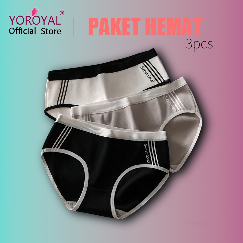 YOROYAL Celana Dalam Wanita Katun Polos M L XL Hitam Putih Abu-Abu Sport