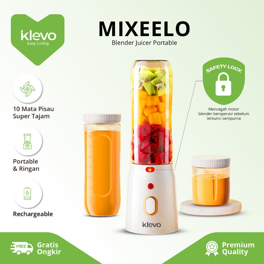 KLEVO Mixeelo Blender Juicer Portable 10 Mata Pisau 450ml Rechargeable Praktis Minimalis