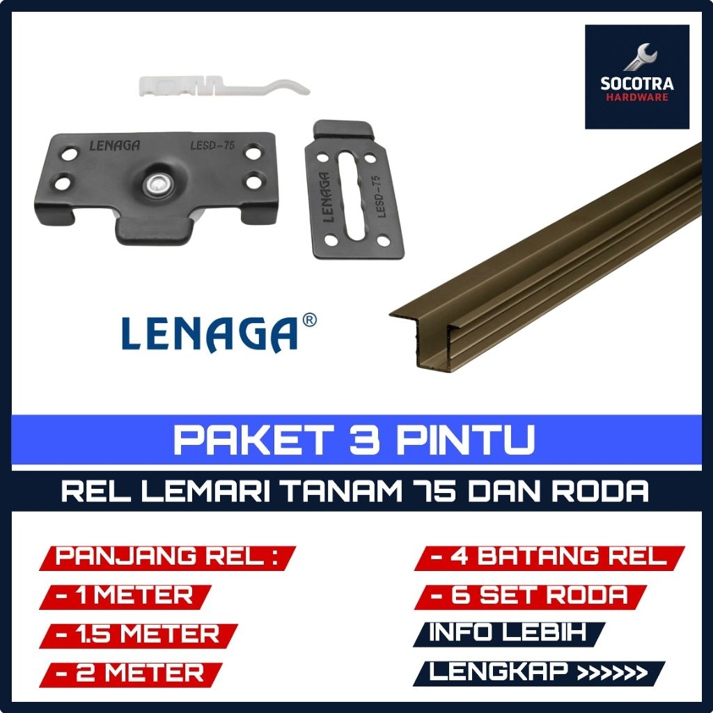 [ 3 Pintu ] Rel Lemari Sliding 3 Pintu 1/1.5/2 Meter Rel LAS - 75 Lengkap Dengan Roda Lemari Geser L